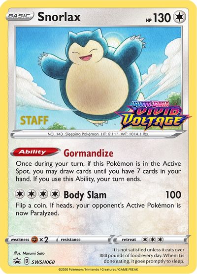 Snorlax (SWSH068) (Staff Prerelease Promo) [Sword & Shield: Black Star Promos] | Tabernacle Games