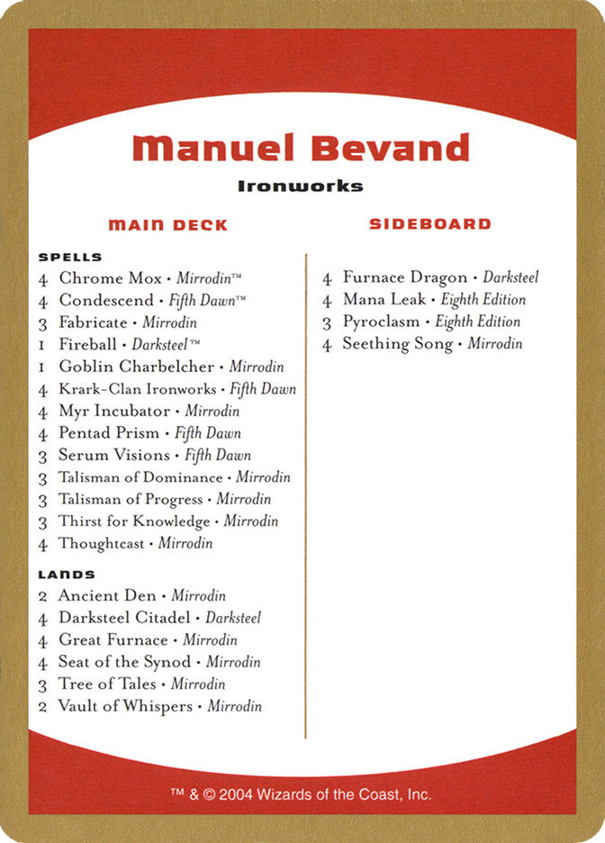 Manuel Bevand Decklist [World Championship Decks 2004] | Tabernacle Games