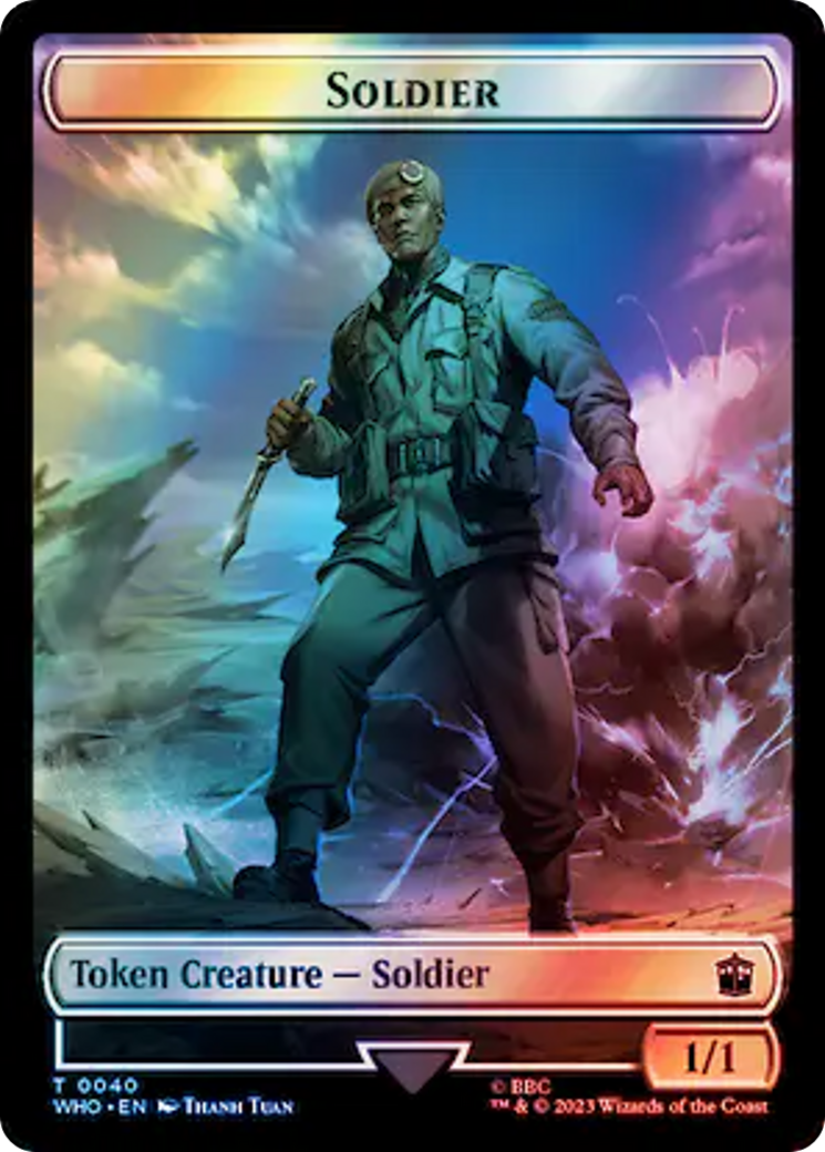 Soldier // Dinosaur Double-Sided Token (Surge Foil) [Doctor Who Tokens] | Tabernacle Games