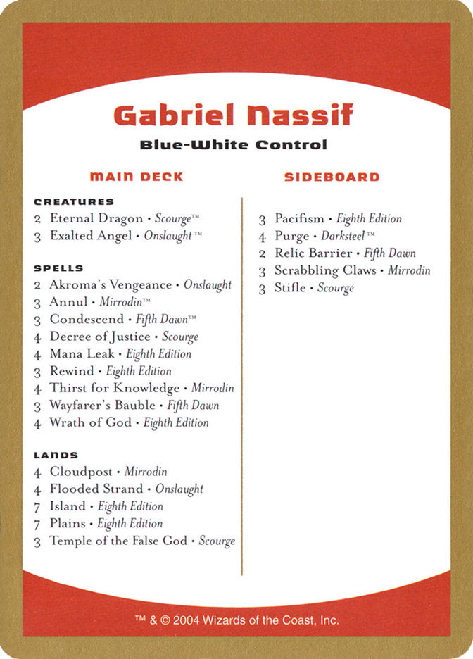 Gabriel Nassif Decklist [World Championship Decks 2004] | Tabernacle Games