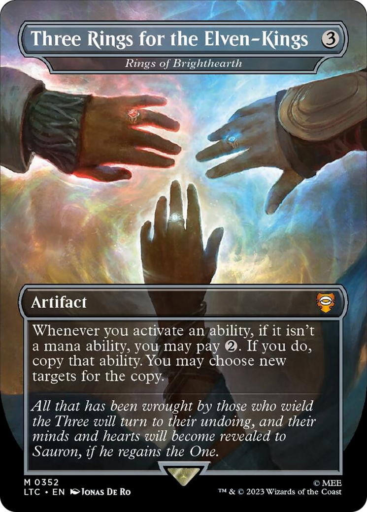 Three Rings for the Elven-Kings - Rings of Brighthearth (Borderless) (Surge Foil) [The Lord of the Rings: Tales of Middle-Earth Commander] | Tabernacle Games