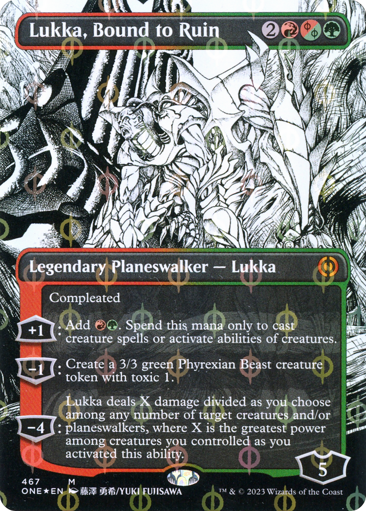 Lukka, Bound to Ruin (Borderless Manga Step-and-Compleat Foil) [Phyrexia: All Will Be One] | Tabernacle Games