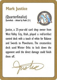 1996 Mark Justice Biography Card [World Championship Decks] | Tabernacle Games