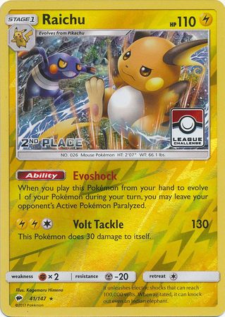 Raichu (41/147) (League Promo 2nd Place) [Sun & Moon: Burning Shadows] | Tabernacle Games