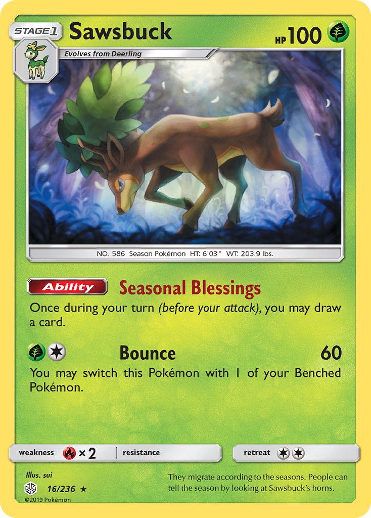 Sawsbuck (16/236) (Prerelease Kit Exclusive) (Theme Deck Exclusive) [Sun & Moon: Cosmic Eclipse] | Tabernacle Games