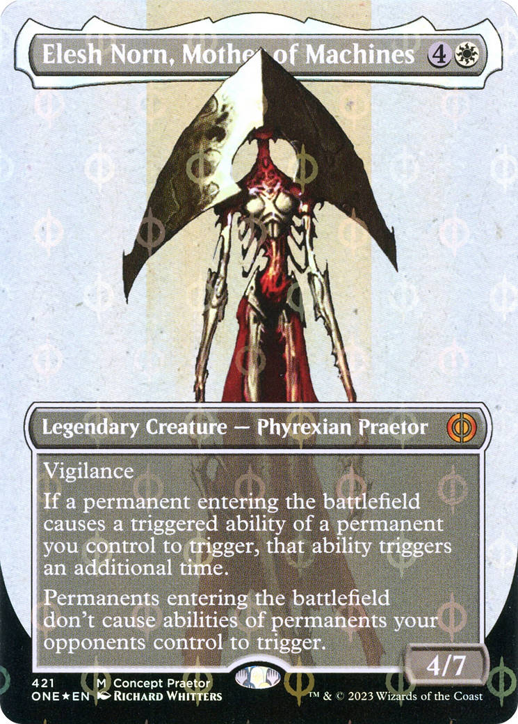 Elesh Norn, Mother of Machines (Borderless Concept Praetors Step-and-Compleat Foil) [Phyrexia: All Will Be One] | Tabernacle Games