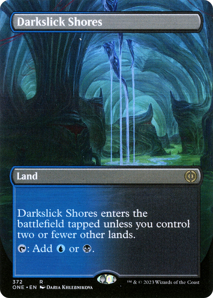 Darkslick Shores (Borderless Alternate Art) [Phyrexia: All Will Be One] | Tabernacle Games