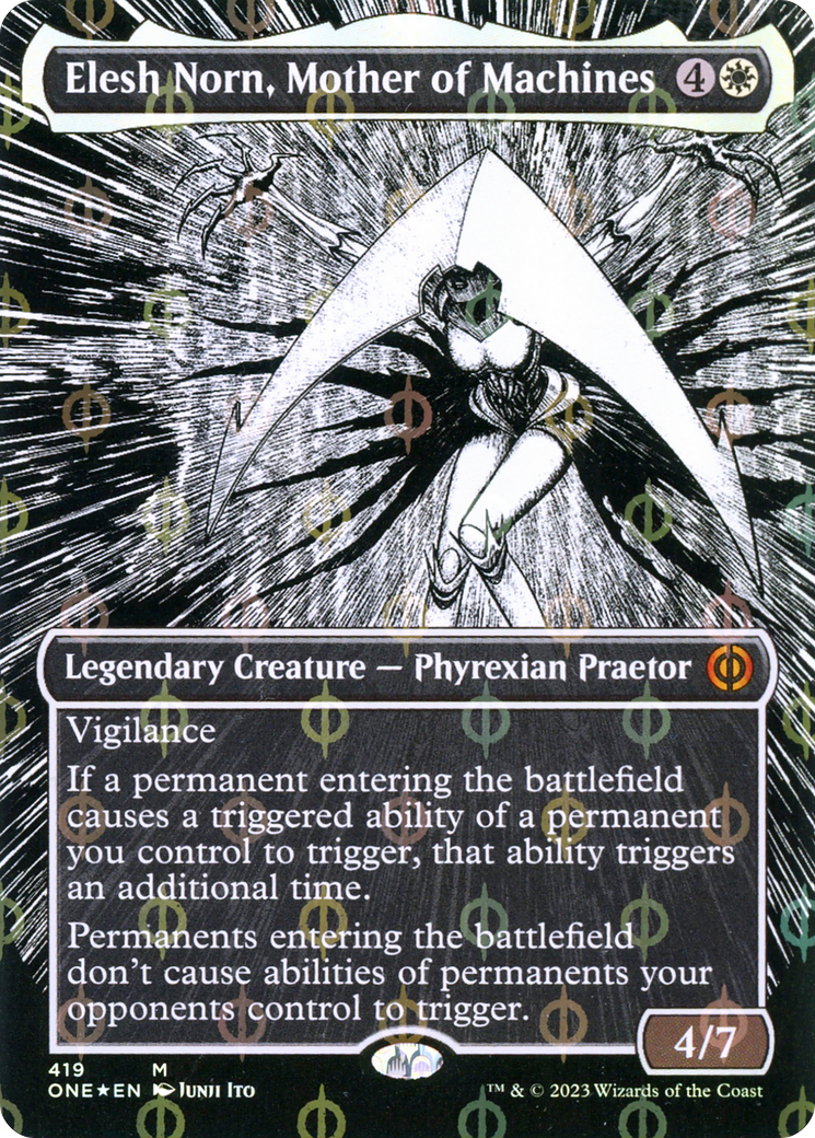 Elesh Norn, Mother of Machines (Borderless Manga Step-and-Compleat Foil) [Phyrexia: All Will Be One] | Tabernacle Games