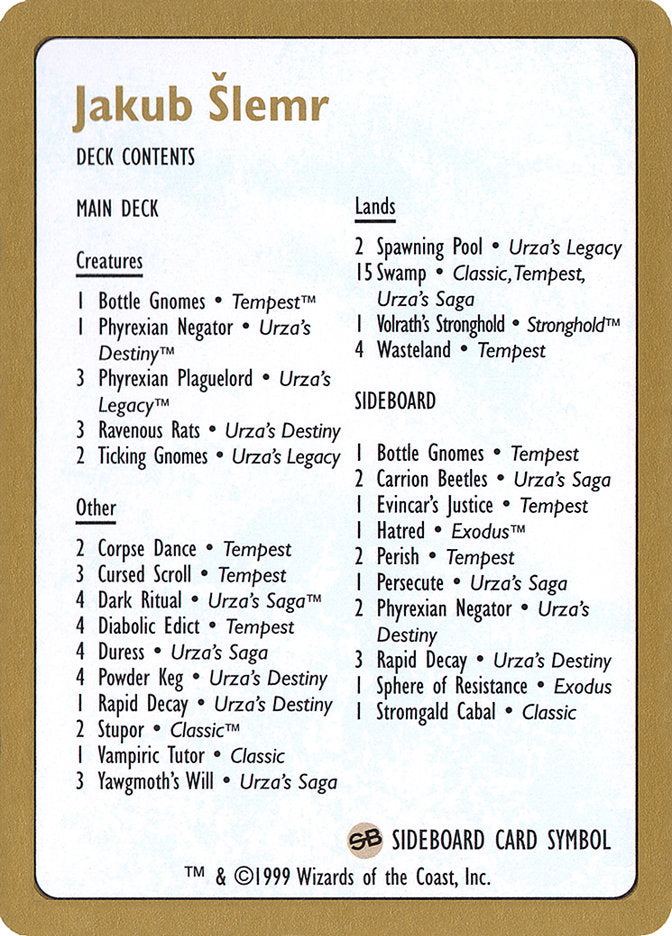 Jakub Šlemr Decklist [World Championship Decks 1999] | Tabernacle Games