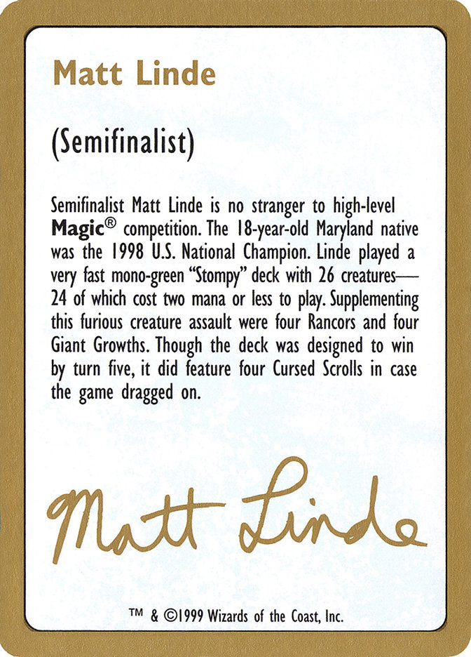 Matt Linde Bio [World Championship Decks 1999] | Tabernacle Games